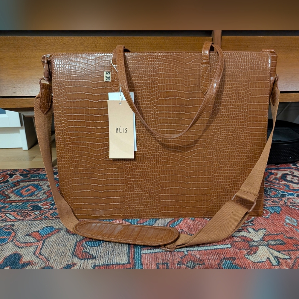 BÉIS Brown Croc-Embossed Tote Bag